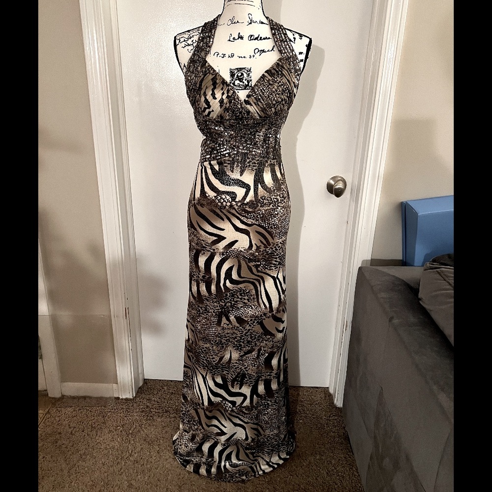 Dave & Johnny by Laura Ryner Animal Print Open Back Prom Dress